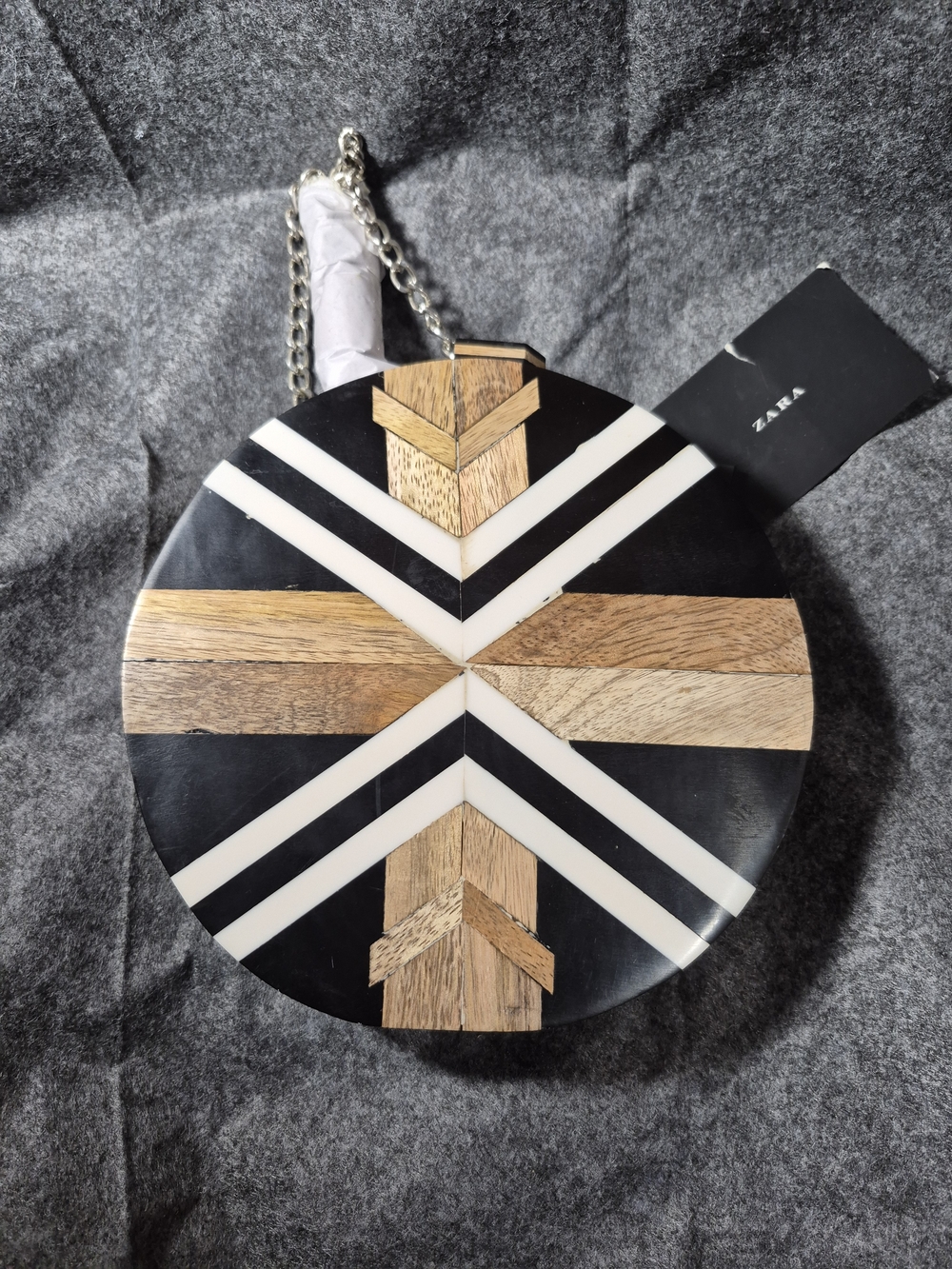 Zara Black, White & Wood Round Accent Crossbody Bag